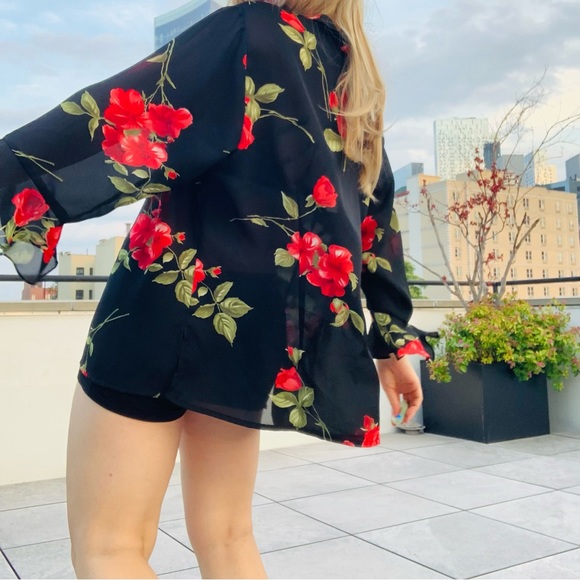 🛳 K.C.STUDIO Vintage Ruffle Long Sleeves Sheer Top Big Roses Sheer Top 22W - Picture 4 of 16